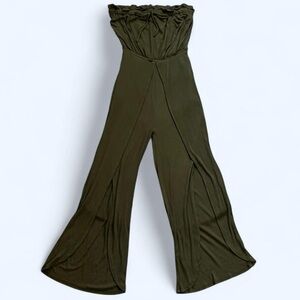 Essue Small Dark Green Ribbed Strapless Jumpsuit Slit Wide Leg Cropped Pants